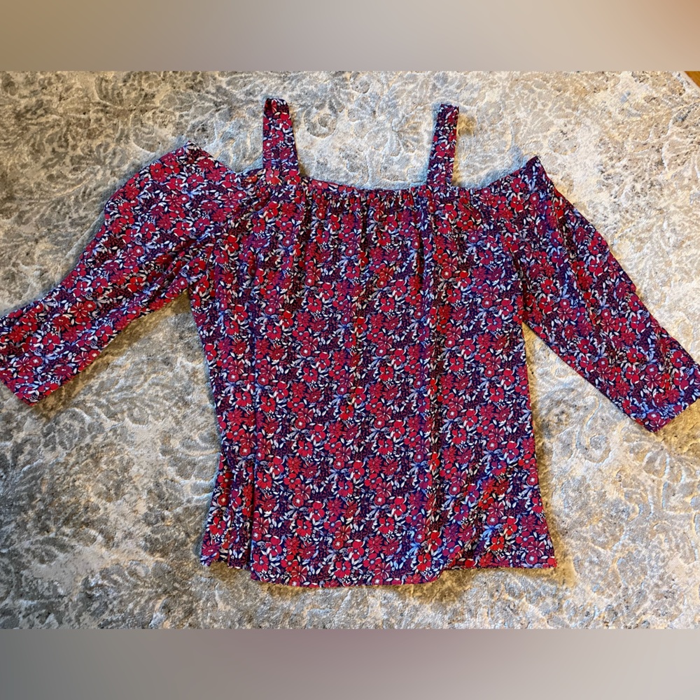 NYDJ off shoulder blouse with shoulder straps size M red white blue floral